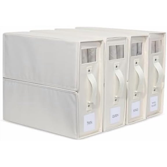 Bed Sheet Organizer Set - 4 Pack Premium Foldable Organizers for Sheets, Comforters, & Linens - Fits Neatly in Closet or Under Bed - Sturdy Oxford Cloth with Premade Labels - Home Storage Solution