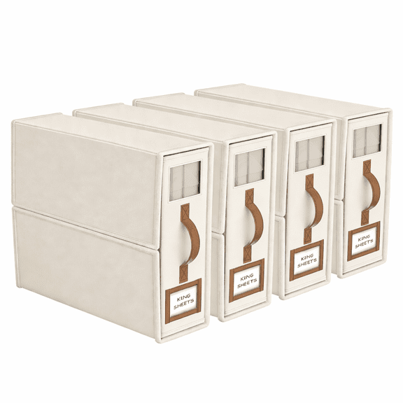Bed Sheet Organizers, 4 Pack Foldable Storage Boxes with Clear Windows and Labels for King/Queen Bedding, Beige