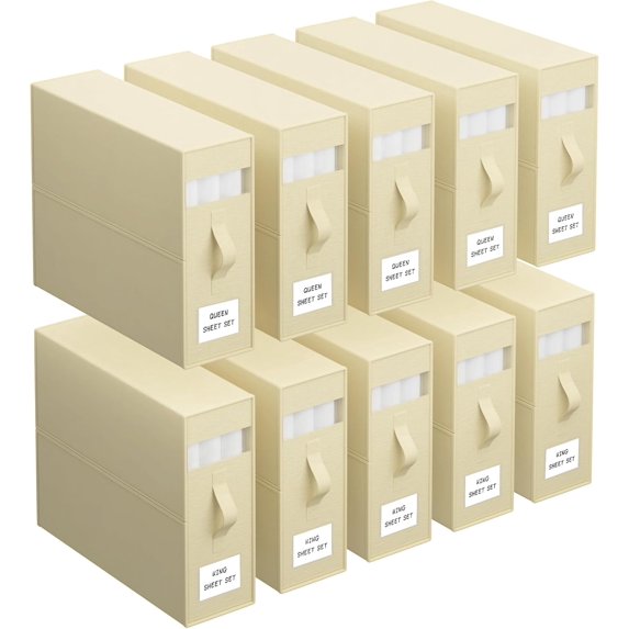 Bed Sheet Organizers and Storage 10 Pack,Foldable Linen Closet Organizer,Twin Full Bed Sheet Organizers with Label Handle Window,Sheets Set Keeper for Blanket Duvet Cover Queen or King Beige