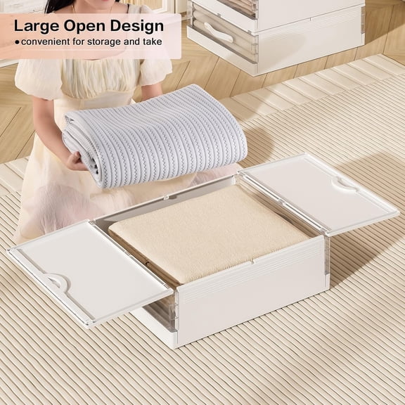 Bed Sheet Organizers and Storage Plastic, 4 pcs Foldable Closet Organizer with Handle, Bedding Storage Box Container for Blanket, Duvet Cover Set, Bed Sheet Set, White