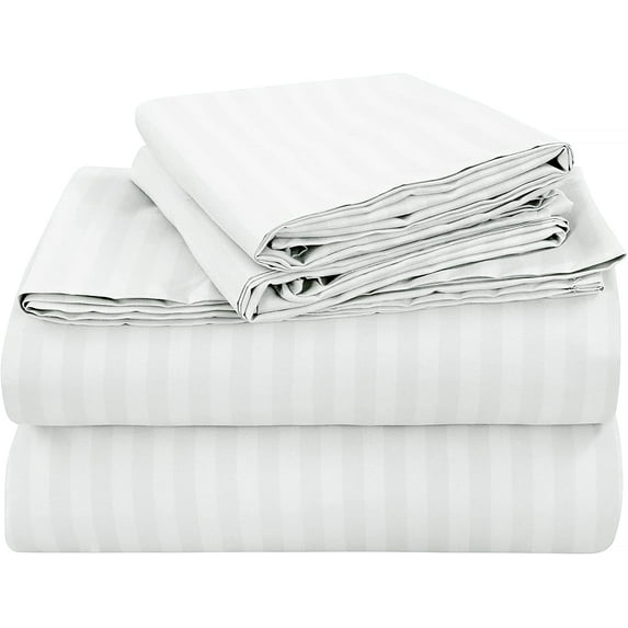 Bed Sheet Set 4 Piece with 1 Zipper Closure Duvet Cover - 100% Egyptian Cotton & 600 Thread Count 5 Piece Bedding Sheet Set - Fit Upto 14" Inch Deep Pocket - White Stripe, Full-XL Size.