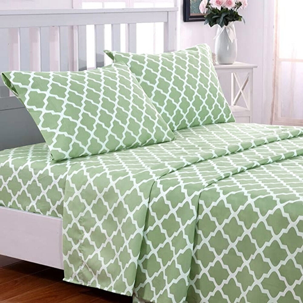 Sage and White Quatrefoil Queen Microfiber Deep Pocket Sheet Set