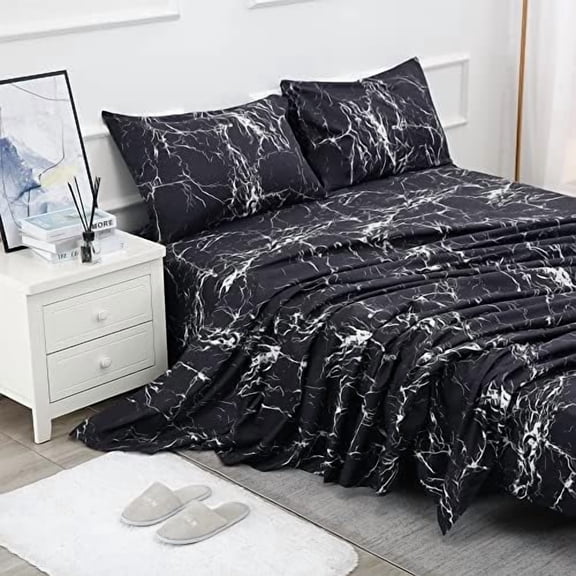 Bed Sheet Set 4 Pieces -Full Size-Soft Durable Microfiber Bedding Sheet Set,Deep Pocket,Stain,Fade & Wrinkle Resistant(Black Marble)