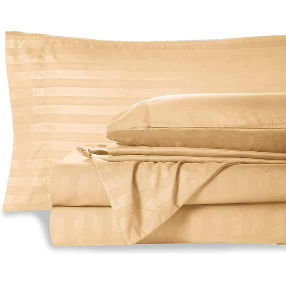 Bed Sheet Set 6 Piece - 22" inch Deep Pocket - 600 Thread Count - 100% Egyptian Cotton - Extra Soft and Luxury - Taupe Stripe, Twin Size.