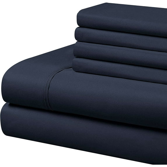 Bed Sheet Set 6 Piece - 30" inch Deep Pocket - 600 Thread Count - 100% Egyptian Cotton - Extra Soft and Luxury - Navy Blue Solid, Olympic Queen Size.