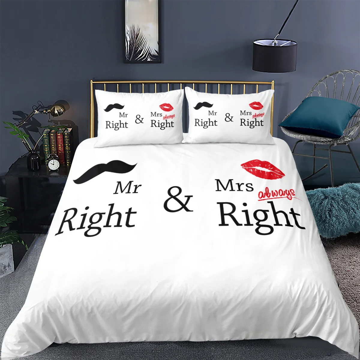 Bed Sheet Set Black and White /King/Full Size Mr and Mrs Bedding Set