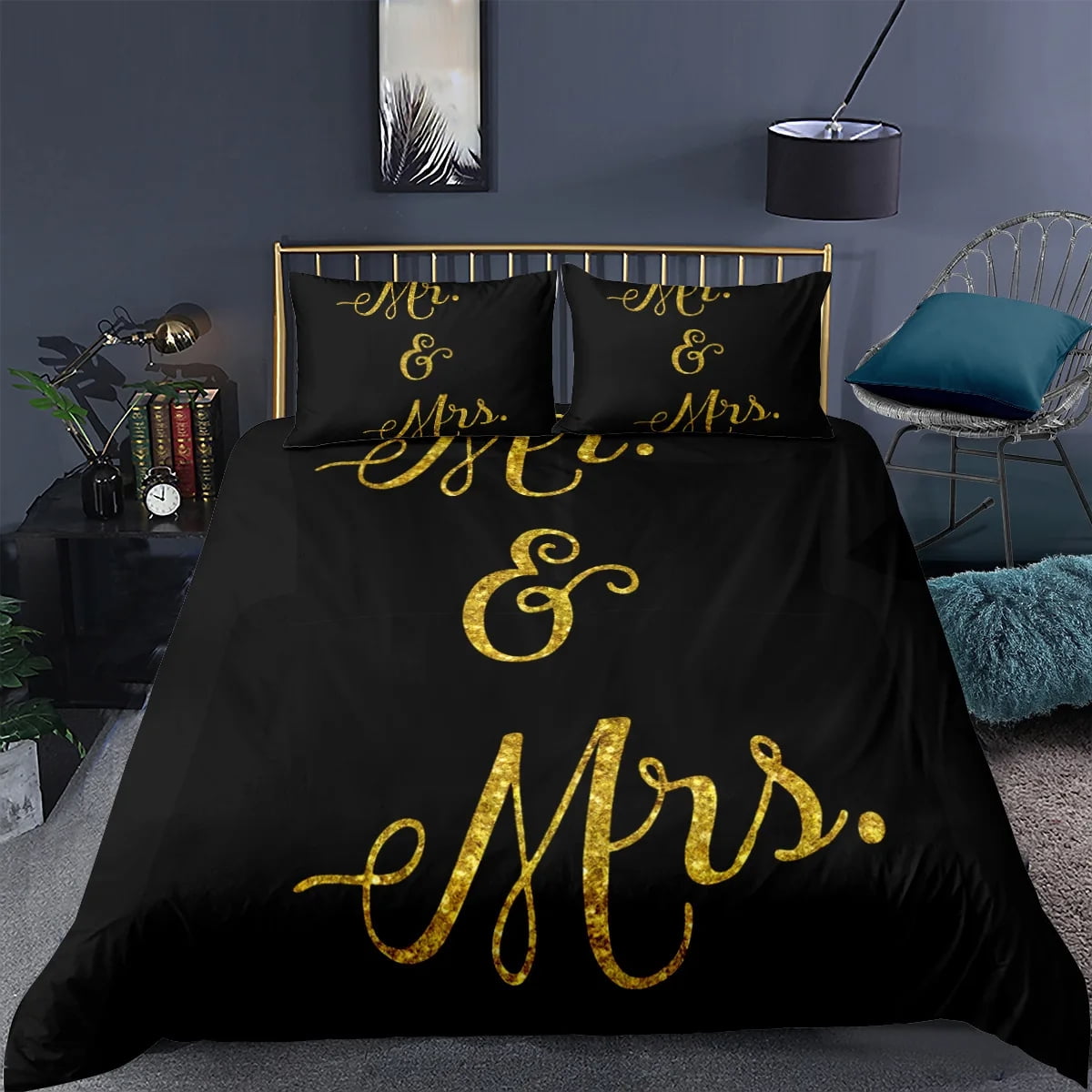 Bed Sheet Set Black and White /King/Full Size Mr and Mrs Bedding Set