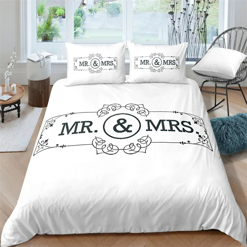 Bed Sheet Set Black and White /King/Full Size Mr and Mrs Bedding Set