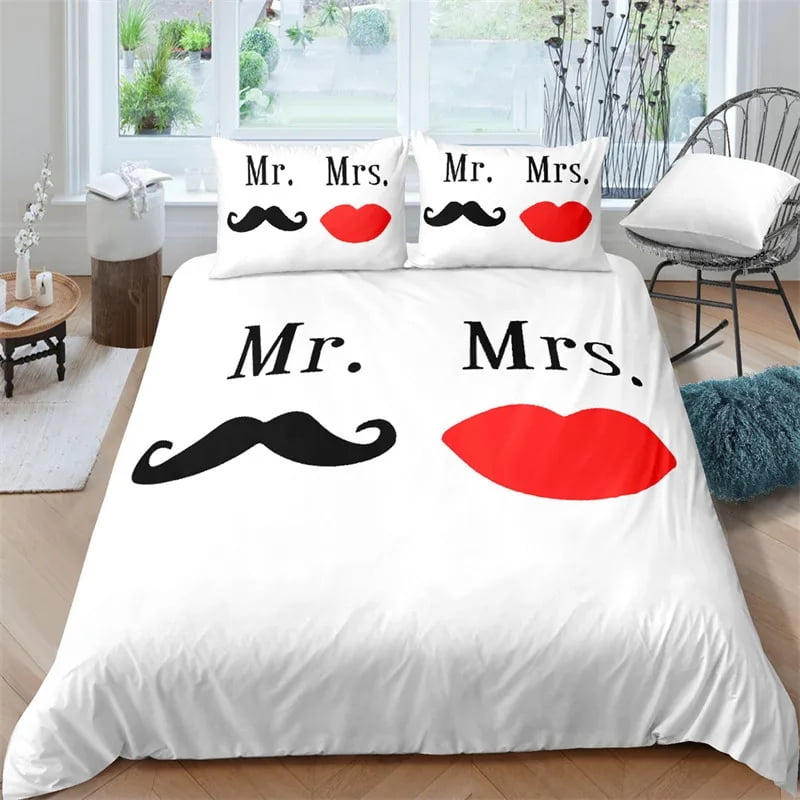 Bed Sheet Set Black and White /King/Full Size Mr and Mrs Bedding Set