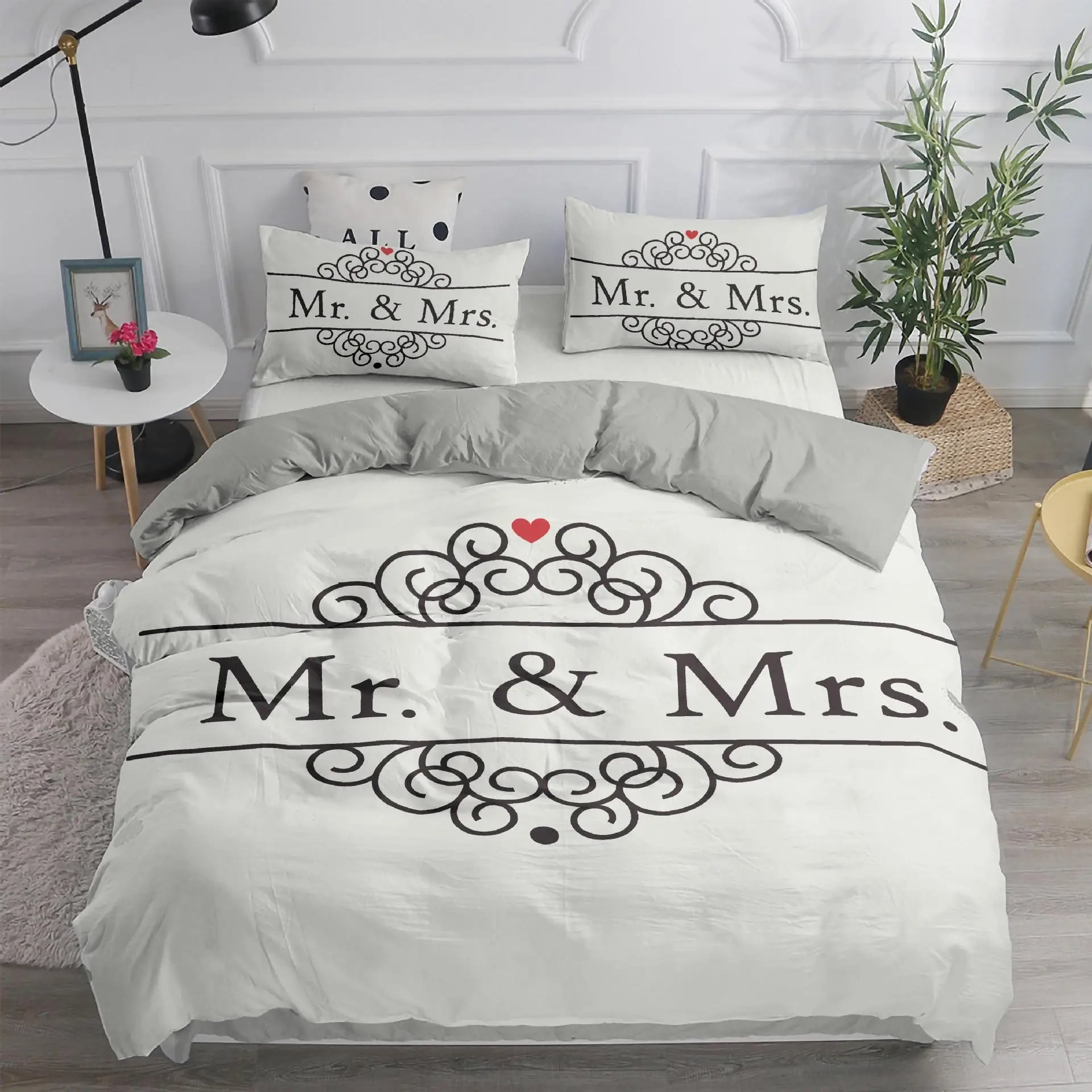 Bed Sheet Set Black and White /King/Full Size Mr and Mrs Bedding Set