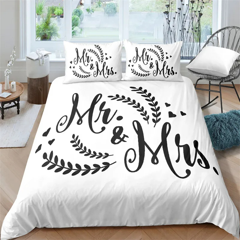 Bed Sheet Set Black and White /King/Full Size Mr and Mrs Bedding Set