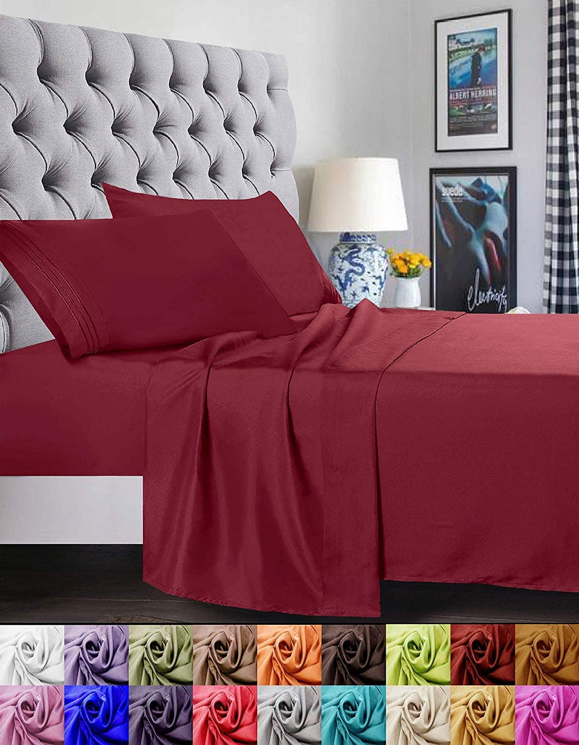 Bed Sheet Set - Brushed Microfiber Bedding - Bedding Sheets & Pillowcases - Deep Pockets - Easy Fit - Breathable & Cooling Sheets, King, Burgundy