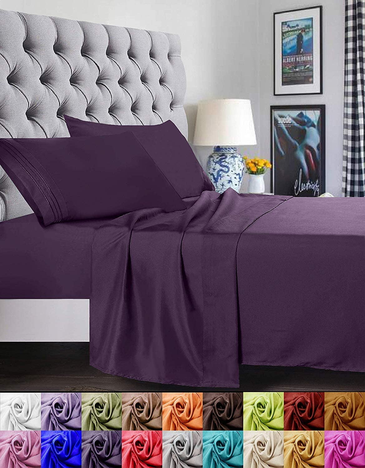 Bed Sheet Set - Brushed Microfiber Bedding - Bedding Sheets & Pillowcases - Deep Pockets - Easy Fit - Breathable & Cooling Sheets, King, Purple