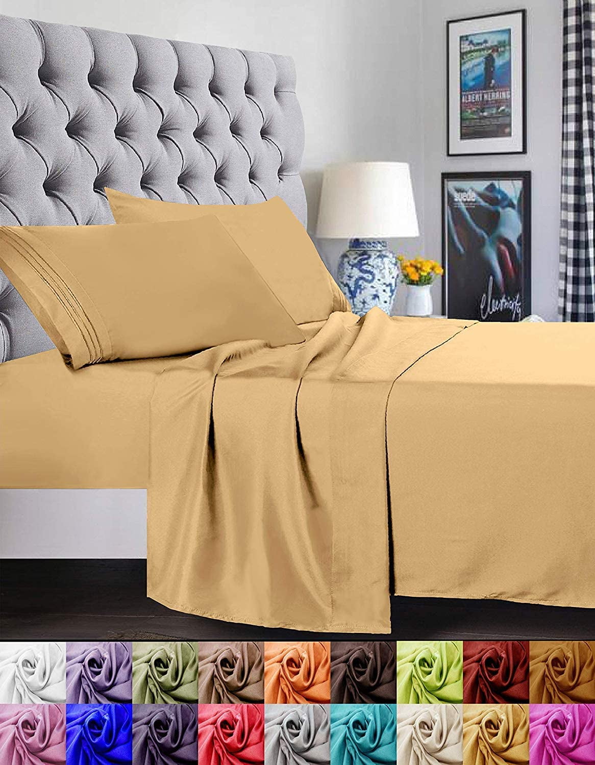 Bed Sheet Set - Brushed Microfiber Bedding - Bedding Sheets & Pillowcases - Deep Pockets - Easy Fit - Breathable & Cooling Sheets, Queen, Gold