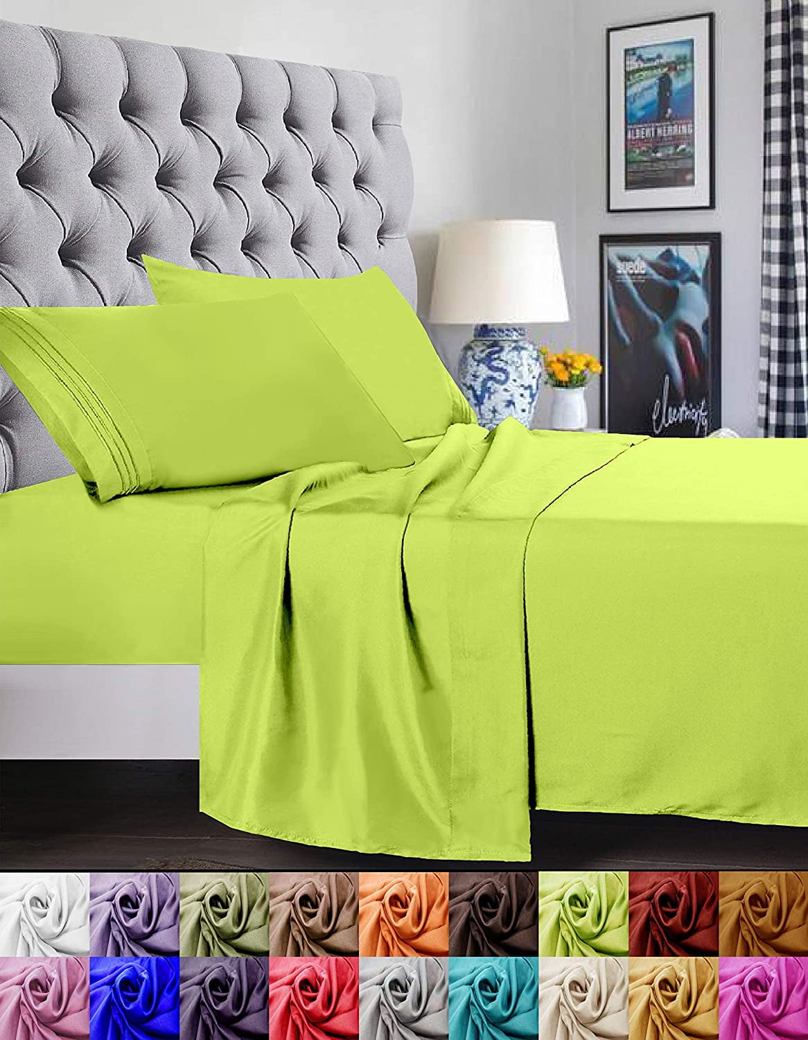 Bed Sheet Set - Brushed Microfiber Bedding - Bedding Sheets & Pillowcases - Deep Pockets - Easy Fit - Breathable & Cooling Sheets, Queen, Lime