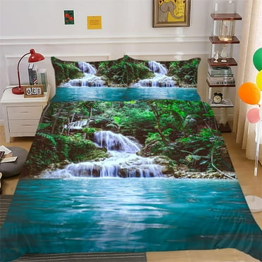 Bed Sheet Set Nature Waterfall Flowing Decorative 3 Piece Bedding Set with 2 Pillow Shams Full S