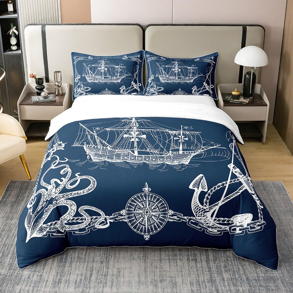 Brandream Queen Size Nautical Comforter Set - Blue Ocean Theme, 100% Cotton, 3-Piece (Quilt + 2 Shams)