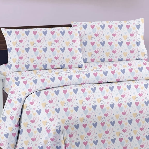 Bed Sheet Set, Pocket Fitted Sheet, Microfiber, Breathable & Silky Soft Feeling, Love Heart Design