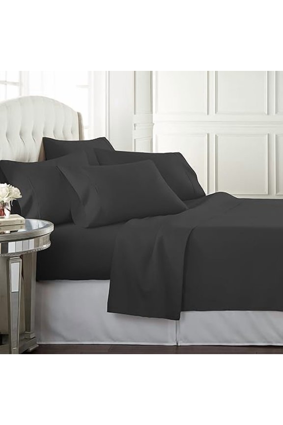 Bed Sheet Set Queen Size for Hot Sleepers, Hotel Premium Sheets with 4 Pillowcases, Lightweight Brushed Microfiber Deep Pockets, Breathable Cooling 6 Piece Bedding Sets, Black