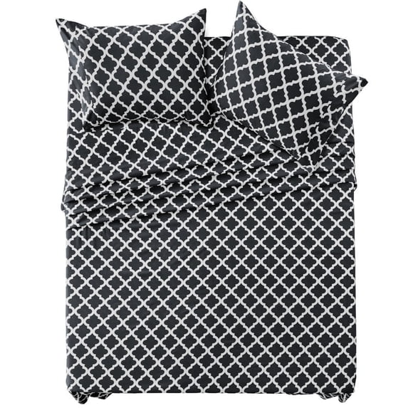 Lux Decor Queen Bed Sheet Set 4 Piece, Soft Microfiber, Deep Pockets - Quatrefoil Pattern, 1 Fitted & 1 Flat Sheet, 2 Pillowcases, Black