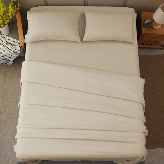 Bed Sheet Set Soft Sheets 16-Inch Deep Pocket-4 Piece (Beige, Full)