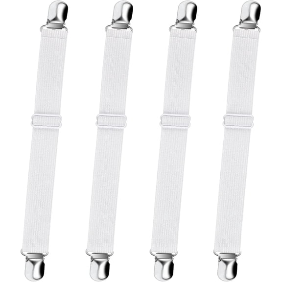 Bed Sheet Straps, 4Pcs Polyester Adjustable Elastic Fitted Sheet Straps Fasteners Non Slip Mattress Clips White 4Pcs