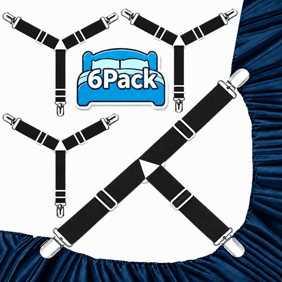 Bed Sheet Straps, 6 Pack Adjustable Elastic Fitted Sheet Holders with Metal Clips, Non-Slip Mattress Corner Fasteners for Most Fitted and Flat Sheets, Black