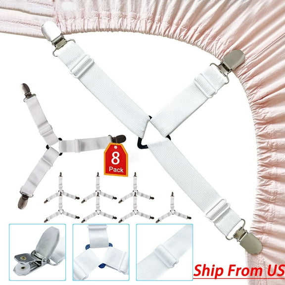 Bed Sheet Straps, 8Pcs Upgrade Fitted Bed Sheet Holders for Corners, Adjustable Elastic Fasteners with Metal Clips, Non Slip Sheet Clips White