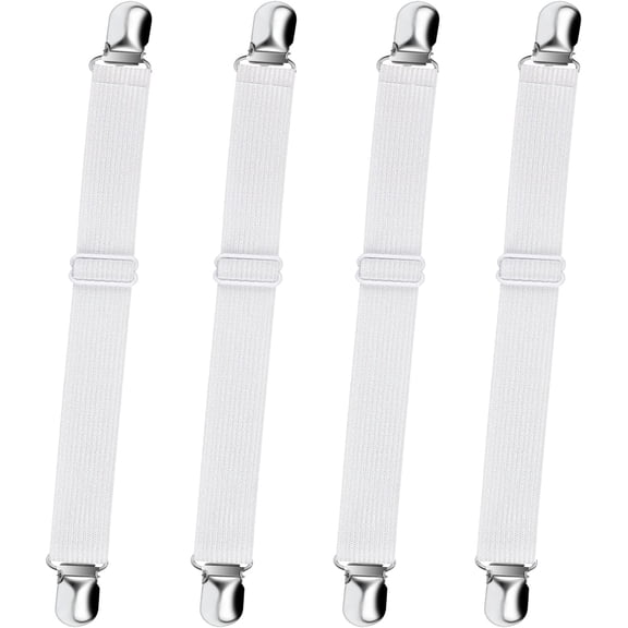 Bed Sheet Straps,  Adjustable Elastic Fitted Sheet Corner Holders Straps to Stay in Place, Non-Slip Fasteners Clips Compatible for  to  Size Bed, White 4 count