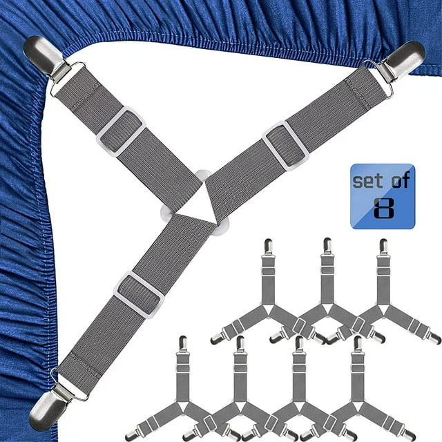 Bed Sheet Straps, Easy to Install Bed Sheet Clips, Fitted Sheet Clips Sheet Straps, Say Goodbye to The Messy Sheets (Gray-8 Pcs)
