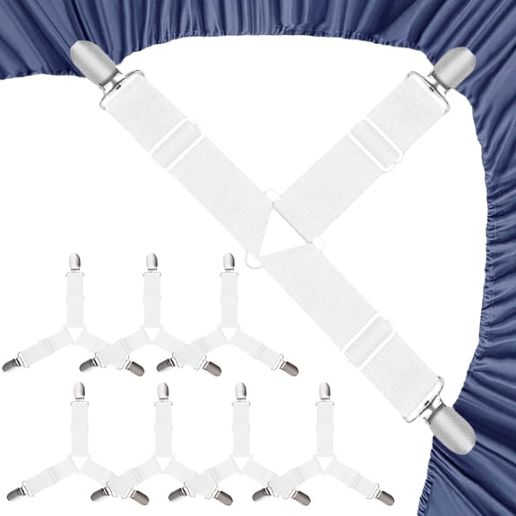 Bed Sheet Straps, - Elastic Sheet Keepers for Fitted Sheets, Easy Install Adjustable Elastic Fasteners with Metal Clips, Keep in Place Fitted Bedding Holder, (Triangle 8 Pack White)