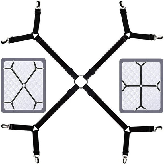 Bed Sheet Straps Fasteners Suspenders Grippers Clips, Triangle Shape, Adjustable Crisscross Corner Holder Fit for Twin/Queen/King, Black