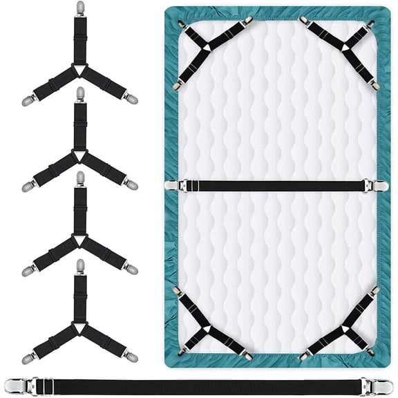 Bed Sheet Straps Set 4+1 Pcs. Sheet Holders for Corners, Bedsheet Clips Elastic Adjustable Sheet Fasteners Heavy Duty Fitted Sheet Grippers for Bedding Sheet (Black)
