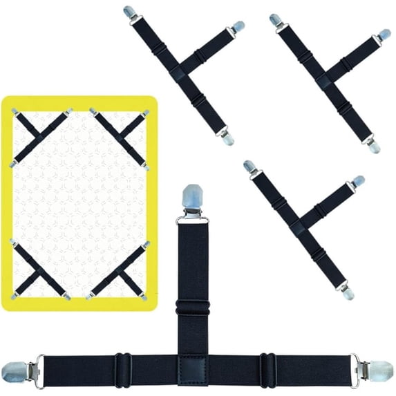 Bed Sheet Straps Set, Elastic Fasteners with Metal Clips, Sheet Holders for Corners, Fitted Sheet Clips to Hold Sheets in Place, Bed Sheet Clips with Adjustable Bed Bands (4 Pcs Black)