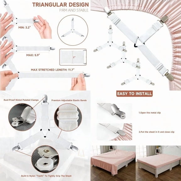 Bed Sheet Straps Upgrade Fitted Bed Sheet Holders for Corners Non Slip Sheet Clips White 4Pcs