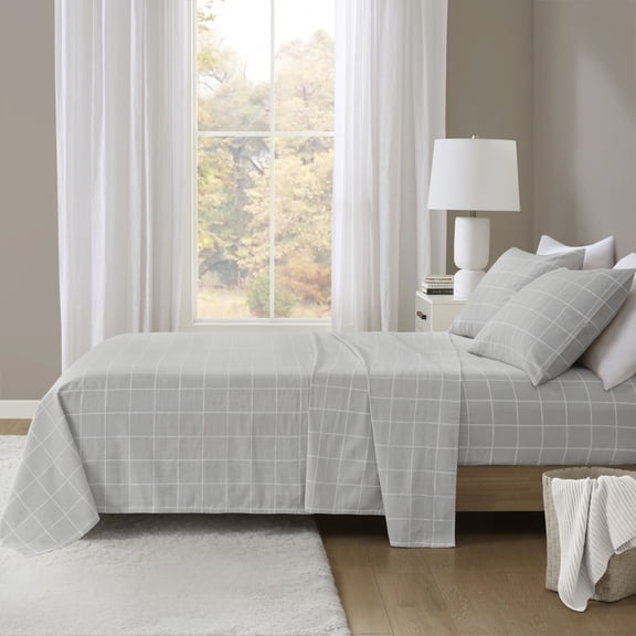 Bed Sheets 4-Piece King 100% Cotton Flannel Printed Sheet Set,Grey Windowpane,Cotton Sheets