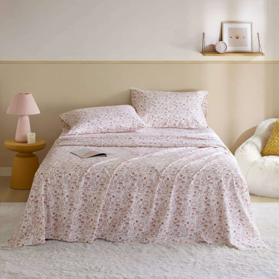 Bed Sheets 4-Piece Queen 100% Cotton Flannel Pigment Printed Sheet Set,Holiday Doodles,Cotton Sheets