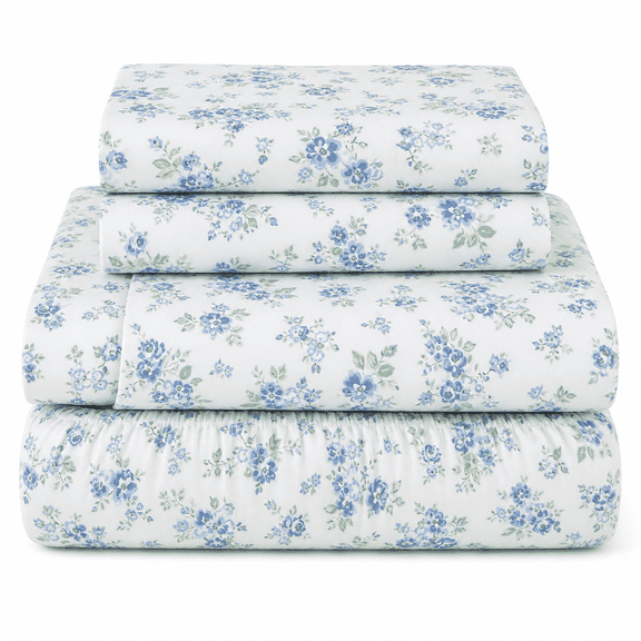 Bed Sheets 4 Piece Set 01 - Blossoms Light Blue Queen (60"×80") Floral Print Bedroom Bedding