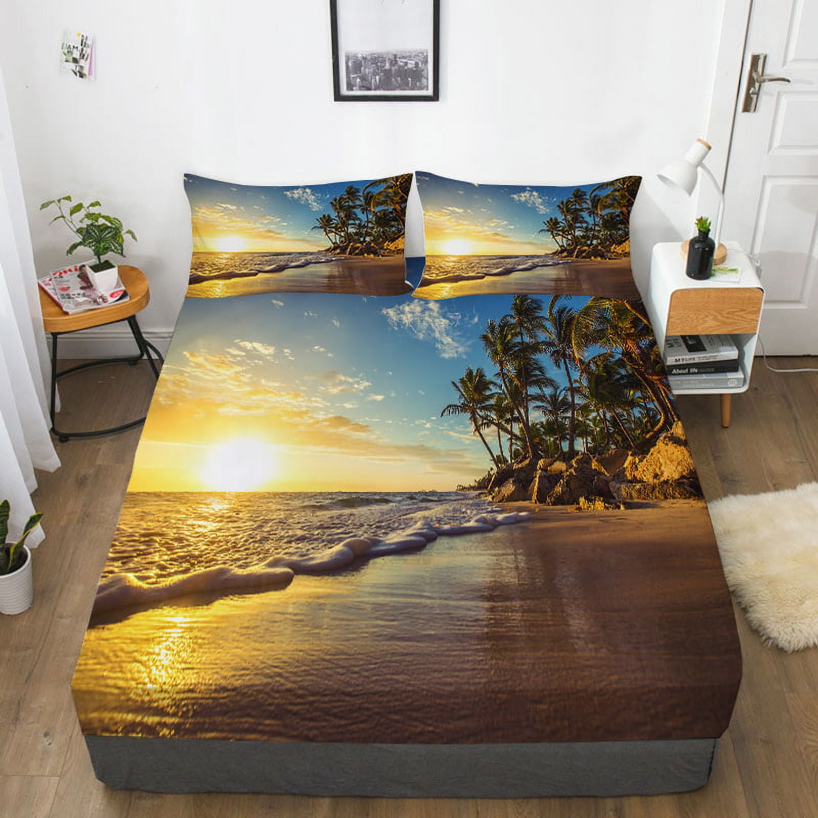 Bed Sheets Landscape Printed Bedding Cover Set Beding Sheets Soft Fitted  Cover,Queen (60x80)