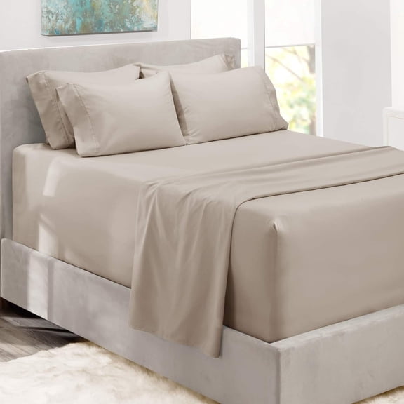Bed Sheets, Luxury Soft 6 Piece Bed Sheet Set Extra Deep Pocket Fitted Sheets Fits Mattress up to 21", Double Brushed Bedding Sheets & Pillowcases, Queen, Natrual Linen