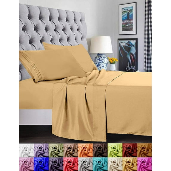 Bed Sheets Set, 1500 Series Deep Pocket 4 Piece Bed Sheet Set, Microfiber, California King, Gold