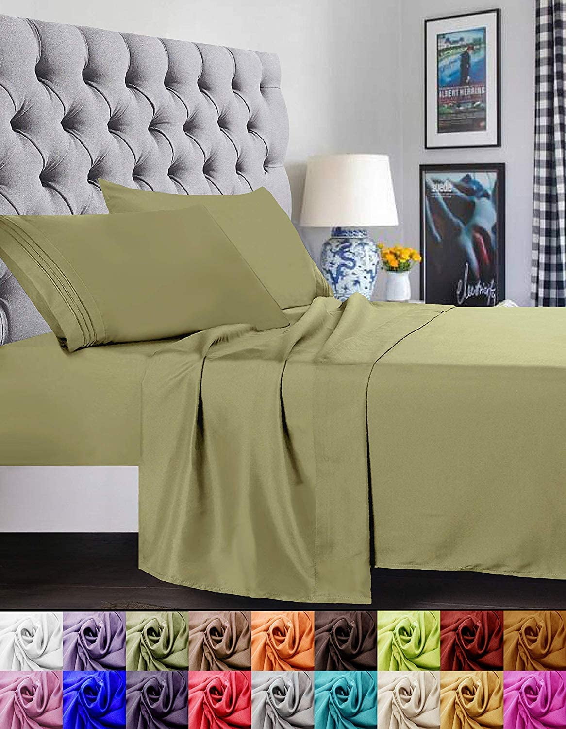 Bed Sheets Set, 1500 Series Deep Pocket 4 Piece Bed Sheet Set, Microfiber, California King, Sage/Green