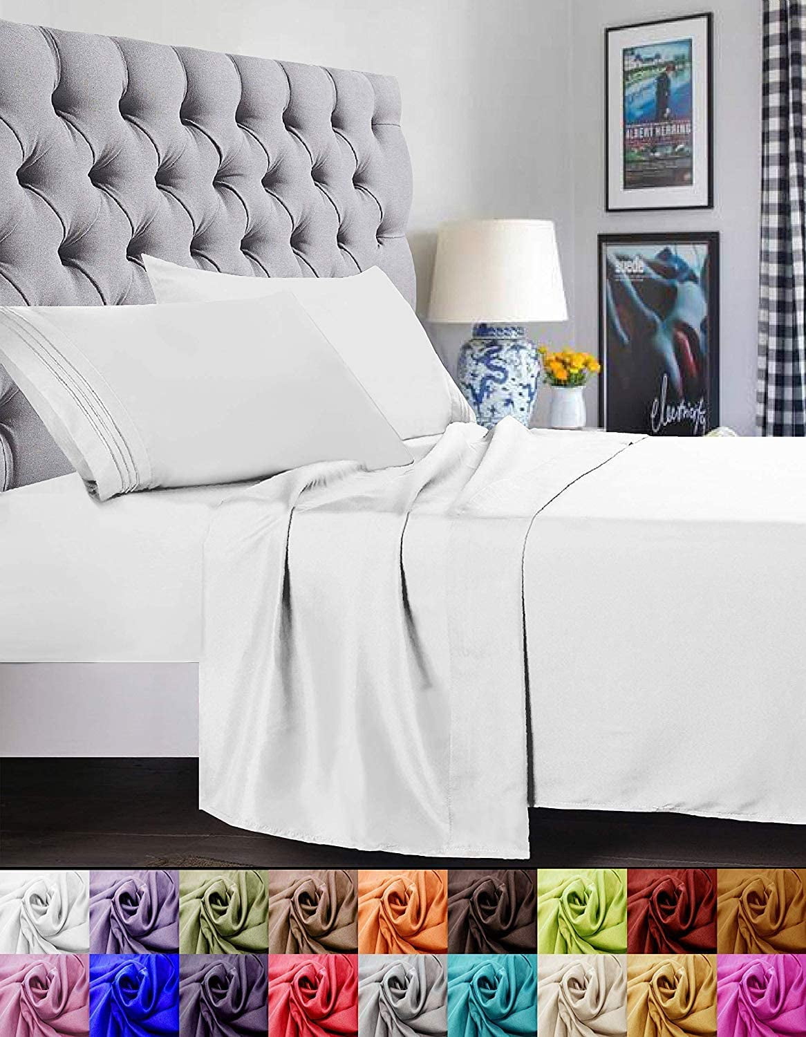 Bed Sheets Set, 1500 Series Deep Pocket 4 Piece Bed Sheet Set, Microfiber, California King, White
