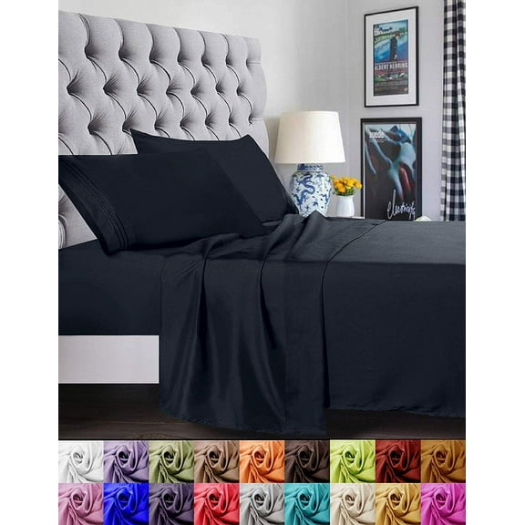 Bed Sheets Set, 1500 Series Deep Pocket 4 Piece Bed Sheet Set, Microfiber, Full, Black