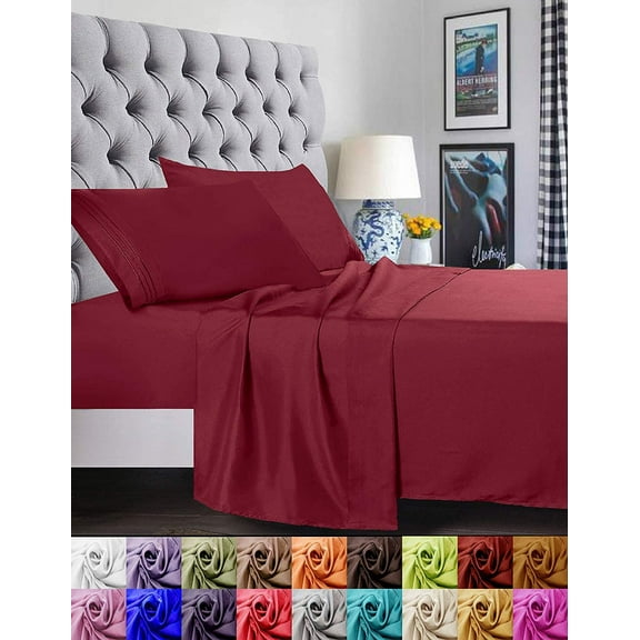 Bed Sheets Set, 1500 Series Deep Pocket 4 Piece Bed Sheet Set, Microfiber, King, Burgundy