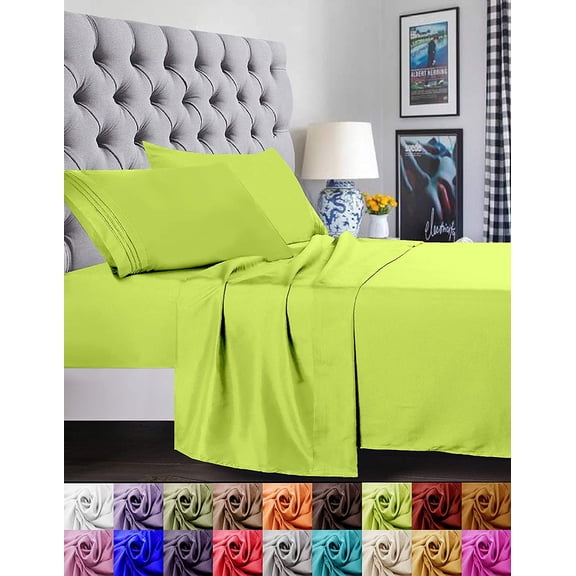 Bed Sheets Set 1500 Series Deep Pocket 4 Piece Bed Sheet Set Microfiber King Lime