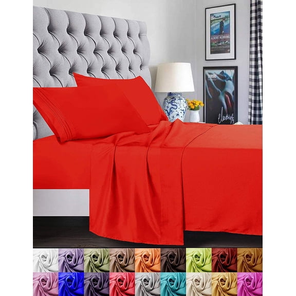 Bed Sheets Set, 1500 Series Deep Pocket 4 Piece Bed Sheet Set, Microfiber, King, Red