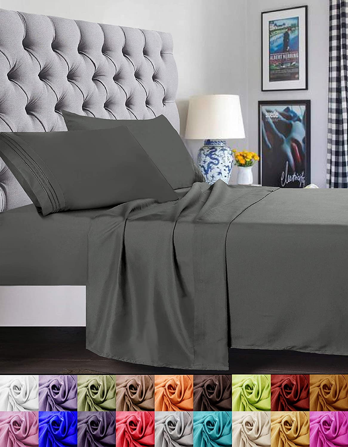Bed Sheets Set, 1500 Series Deep Pocket 4 Piece Bed Sheet Set, Microfiber, Twin/Twin XL, Grey