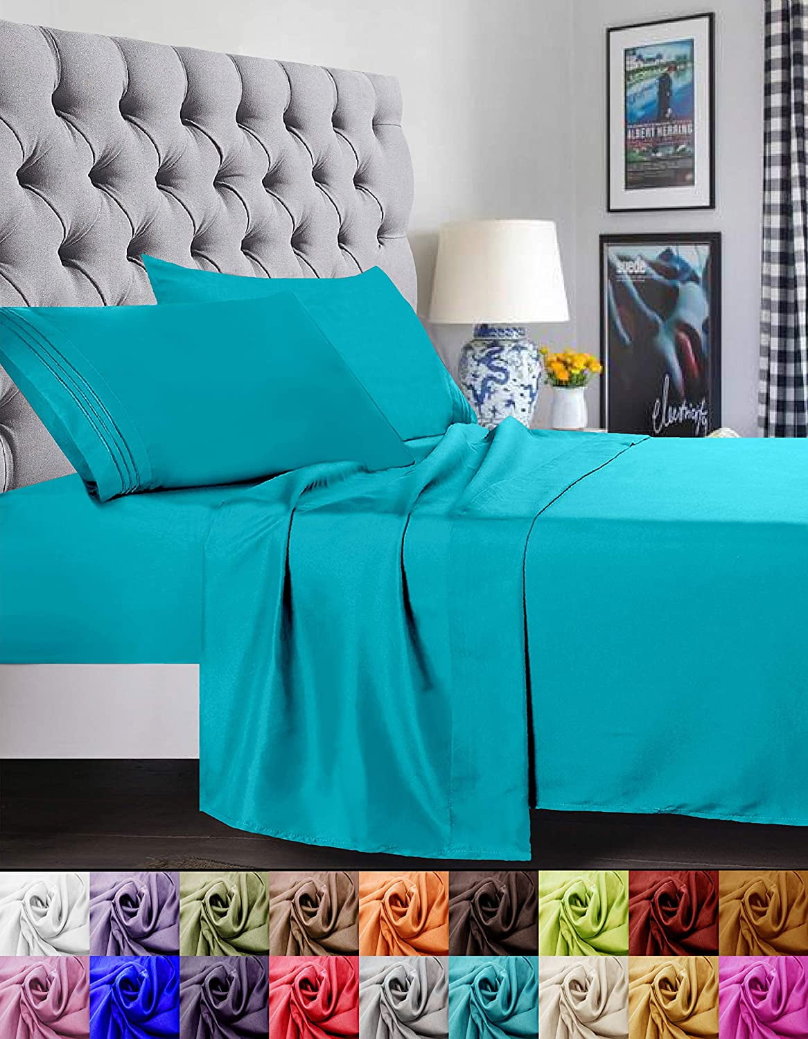 Bed Sheets Set, 1500 Series Deep Pocket 4 Piece Bed Sheet Set, Microfiber, Twin/Twin XL, Turquoise