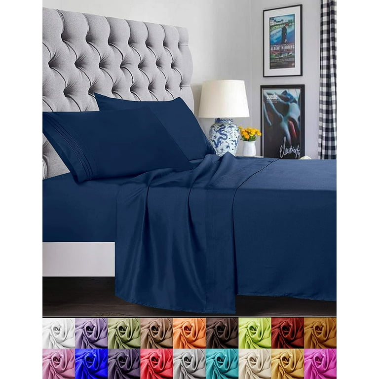 【関税&送料込】Weekend Navy Blue Stretch Viscose Blend Shee Elegant Comfort 4-Piece King Bed Sheet Set - Navy Blue